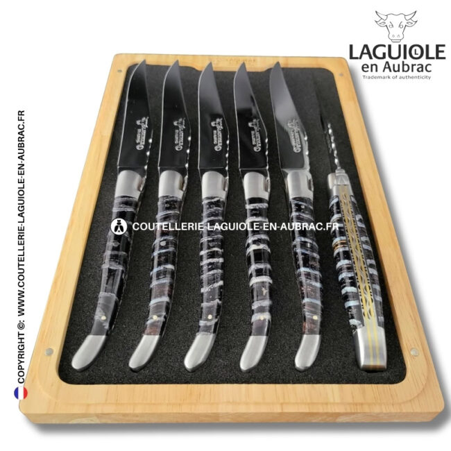 couteaux de table laguiole en aubrac aux doubles platines ciselées en molaire de mammouth bleue (set de 6)