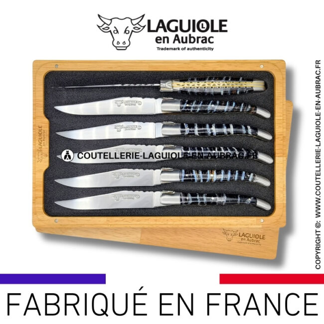 couteaux de table laguiole en aubrac aux doubles platines ciselées en molaire de mammouth bleue (set de 6)