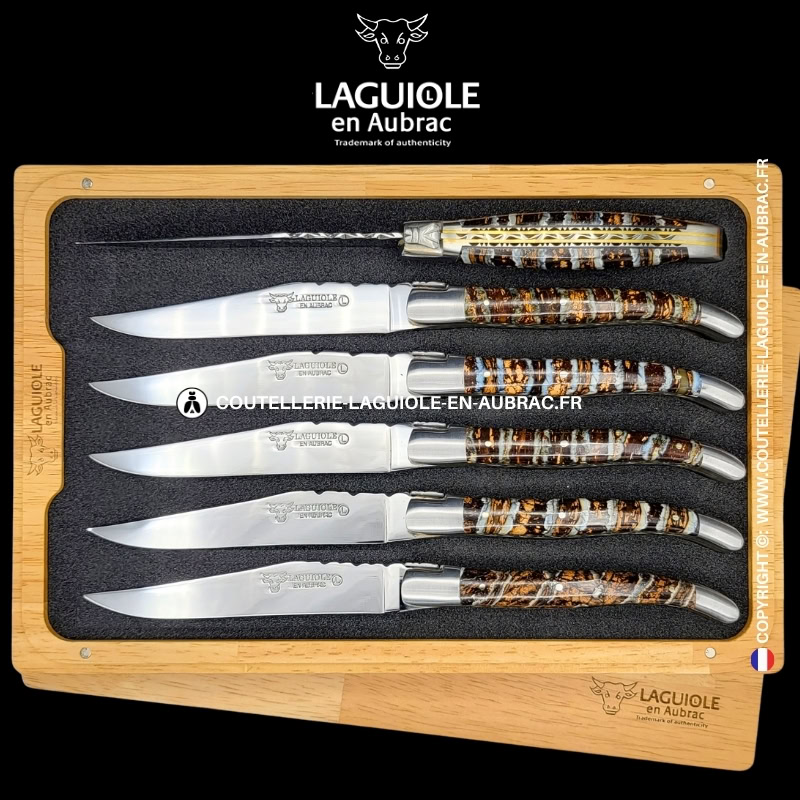 couteaux de table laguiole en aubrac aux doubles platines ciselées en molaire de mammouth marron tigrée (set de 6)