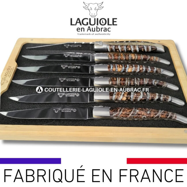 couteaux de table laguiole en aubrac aux doubles platines ciselées en molaire de mammouth marron tigrée (set de 6)