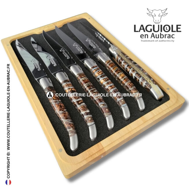 couteaux de table laguiole en aubrac aux doubles platines ciselées en molaire de mammouth marron tigrée (set de 6)