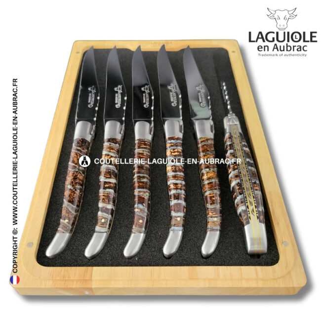 couteaux de table laguiole en aubrac aux doubles platines ciselées en molaire de mammouth marron tigrée (set de 6)
