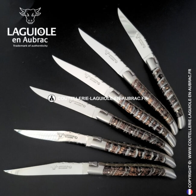 couteaux de table laguiole en aubrac aux doubles platines ciselées en molaire de mammouth marron tigrée (set de 6)