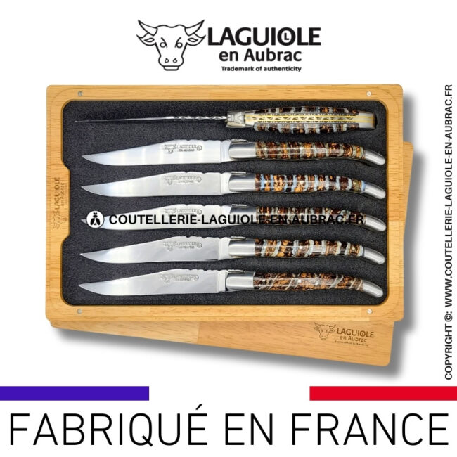couteaux de table laguiole en aubrac aux doubles platines ciselées en molaire de mammouth marron tigrée (set de 6)
