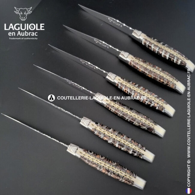couteaux de table laguiole en aubrac aux doubles platines ciselées en molaire de mammouth marron tigrée (set de 6)