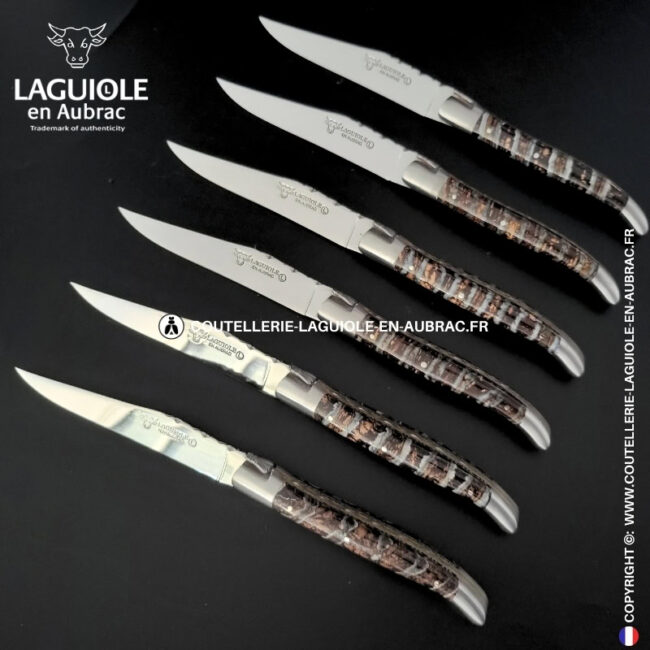 couteaux de table laguiole en aubrac aux doubles platines ciselées en molaire de mammouth marron tigrée (set de 6)