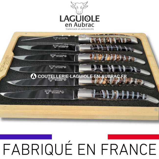 couteaux de table laguiole en aubrac aux doubles platines ciselées en molaire de mammouth mixtes (set de 6)