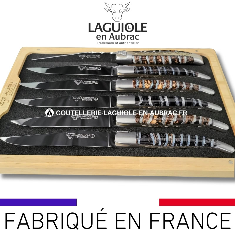 couteaux de table laguiole en aubrac aux doubles platines ciselées en molaire de mammouth mixtes (set de 6)