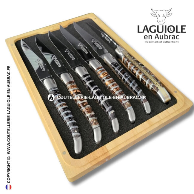 couteaux de table laguiole en aubrac aux doubles platines ciselées en molaire de mammouth mixtes (set de 6)