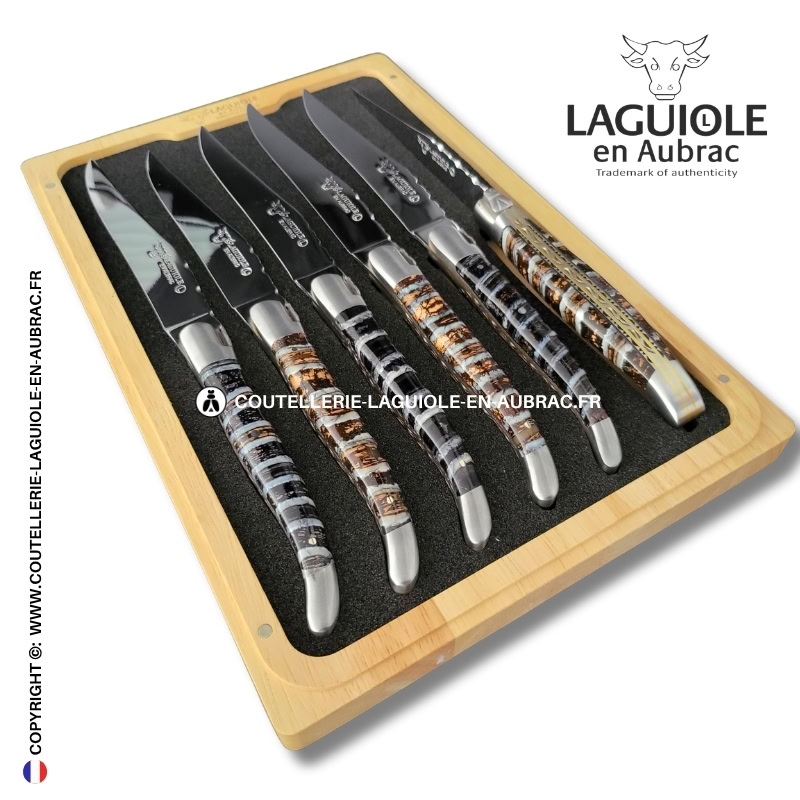 couteaux de table laguiole en aubrac aux doubles platines ciselées en molaire de mammouth mixtes (set de 6)