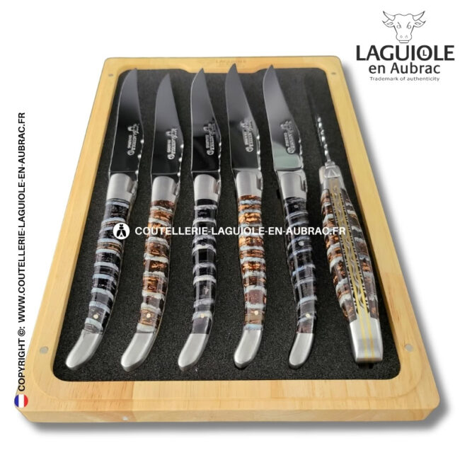 couteaux de table laguiole en aubrac aux doubles platines ciselées en molaire de mammouth mixtes (set de 6)
