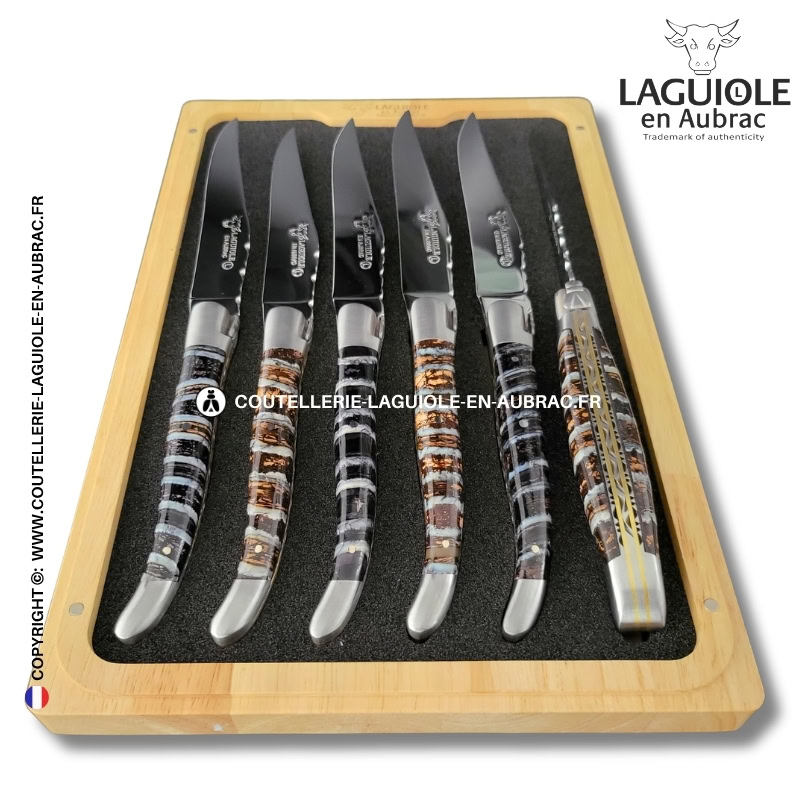 couteaux de table laguiole en aubrac aux doubles platines ciselées en molaire de mammouth mixtes (set de 6)