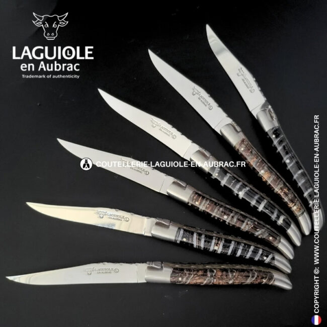 couteaux de table laguiole en aubrac aux doubles platines ciselées en molaire de mammouth mixtes (set de 6)