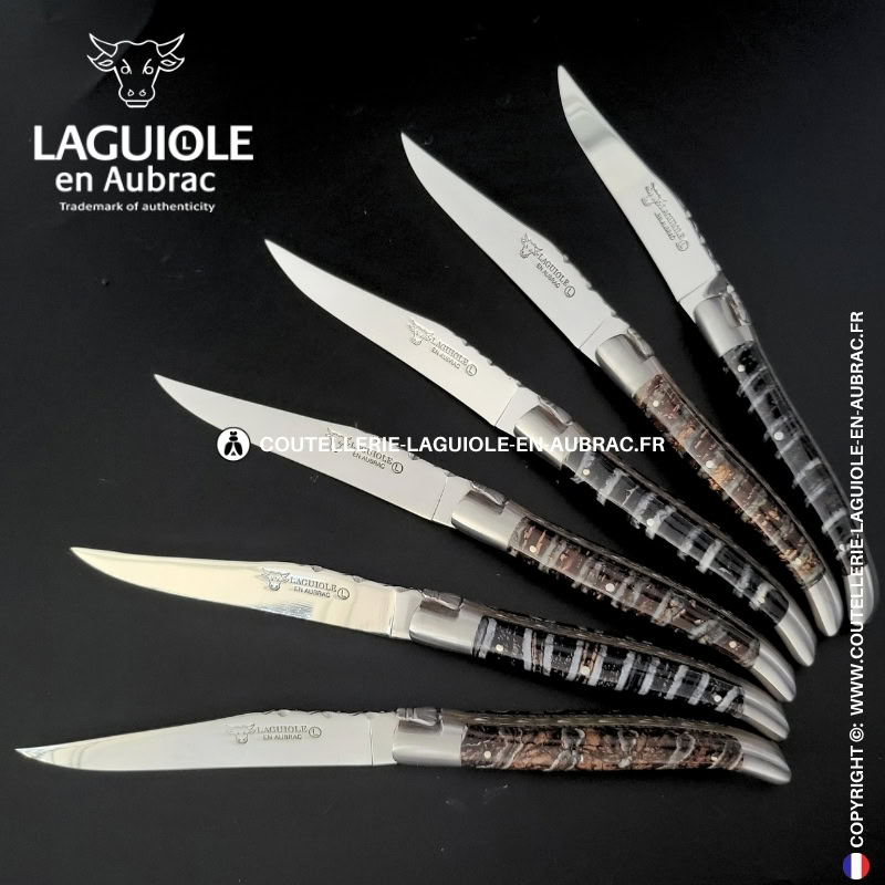 couteaux de table laguiole en aubrac aux doubles platines ciselées en molaire de mammouth mixtes (set de 6)
