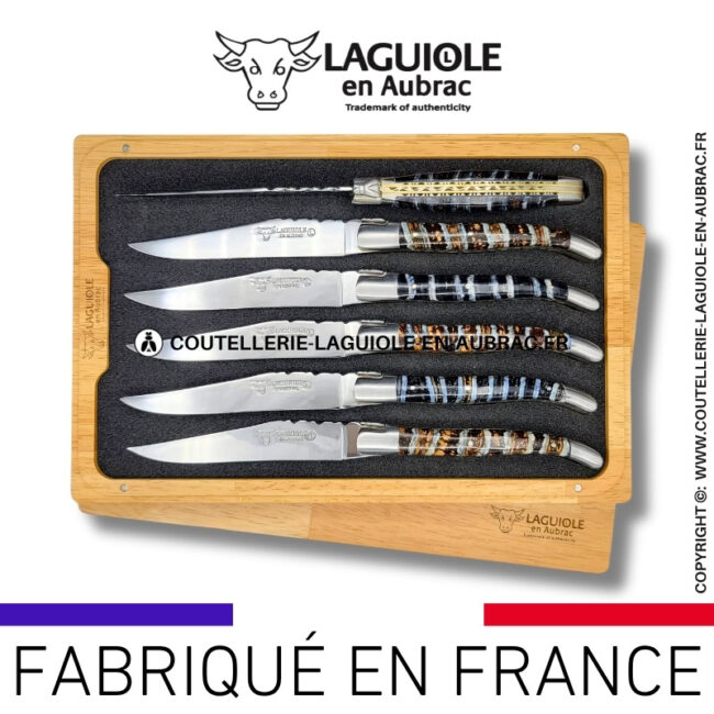 couteaux de table laguiole en aubrac aux doubles platines ciselées en molaire de mammouth mixtes (set de 6)