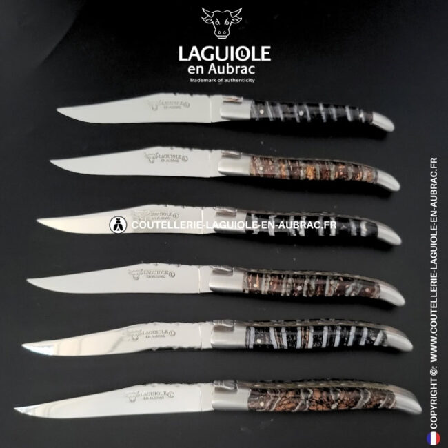 couteaux de table laguiole en aubrac aux doubles platines ciselées en molaire de mammouth mixtes (set de 6)