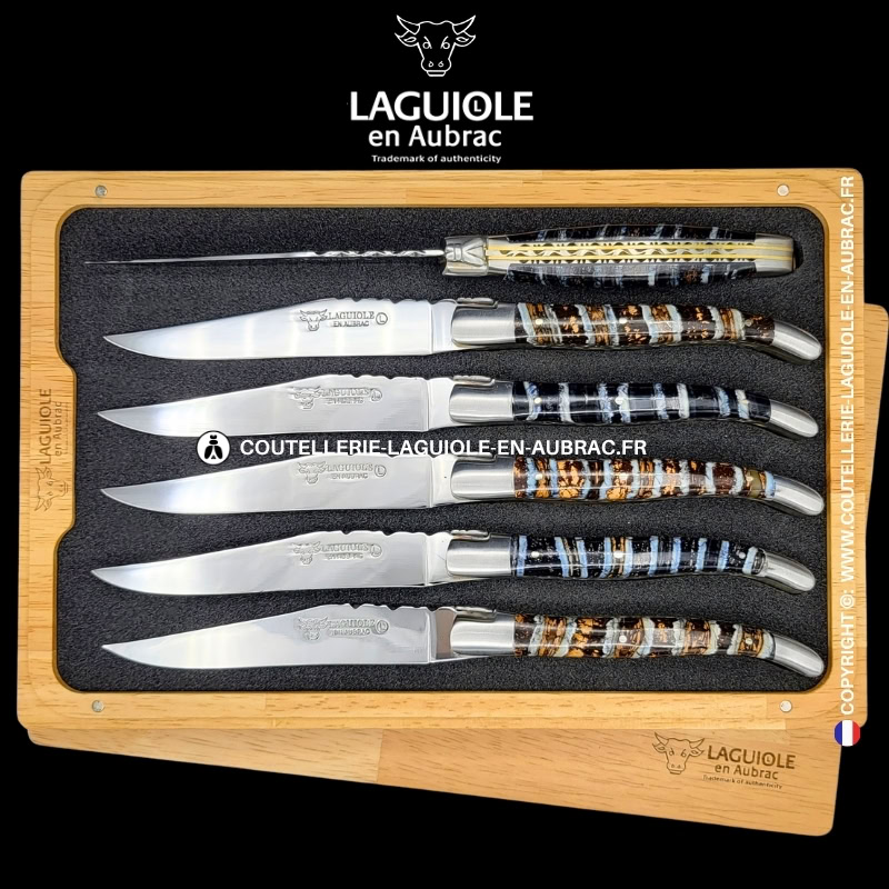 couteaux de table laguiole en aubrac aux doubles platines ciselées en molaire de mammouth mixtes (set de 6)