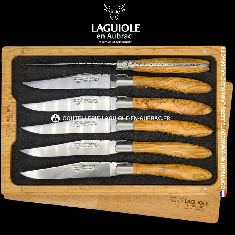 couteaux de table laguiole en aubrac "crocus" en olivier (set de 6)