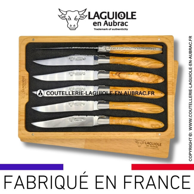 couteaux de table laguiole en aubrac "crocus" en olivier (set de 6)