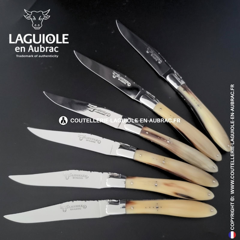 couteaux de table laguiole en aubrac "crocus" en pointe de corne (set de 6)