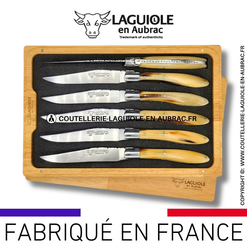 couteaux de table laguiole en aubrac "crocus" en pointe de corne (set de 6)