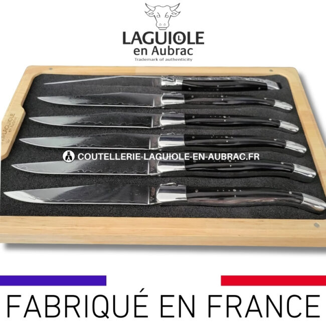 couteaux de table laguiole en aubrac en corne de buffle aux lames damas japonais (set de 6)