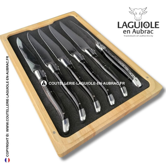 couteaux de table laguiole en aubrac en corne de buffle aux lames damas japonais (set de 6)