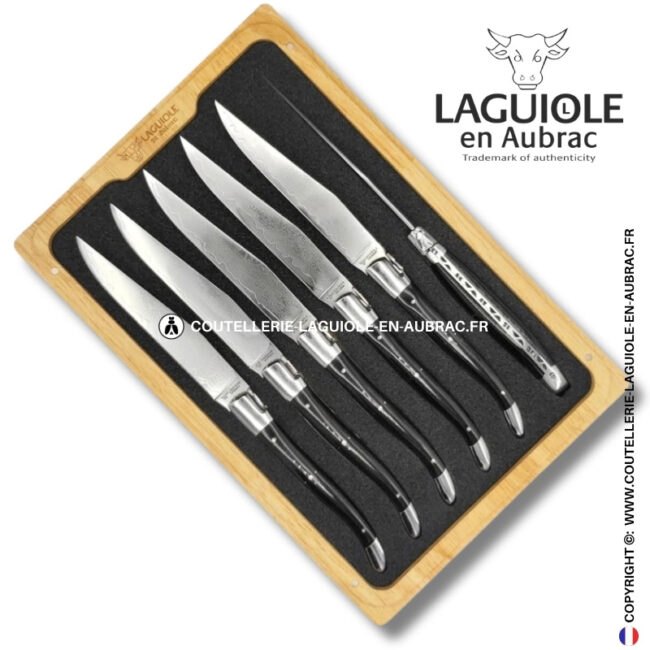 couteaux de table laguiole en aubrac en corne de buffle aux lames damas japonais (set de 6)