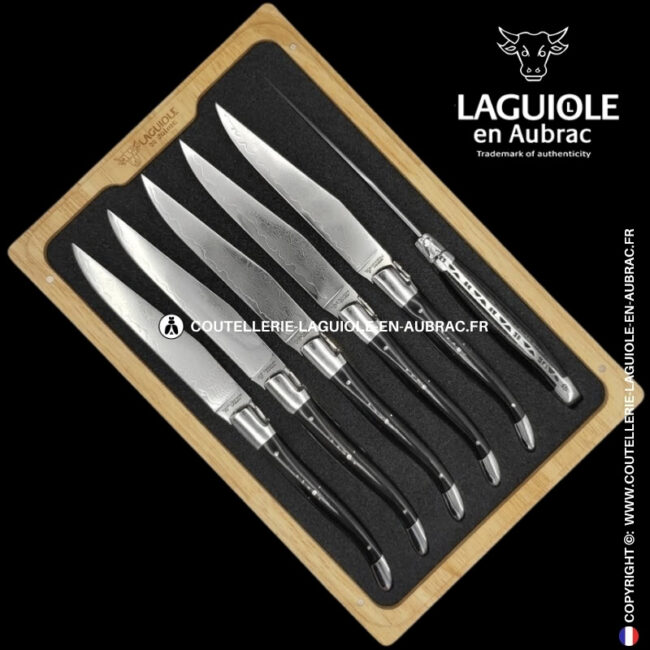 couteaux de table laguiole en aubrac en corne de buffle aux lames damas japonais (set de 6)