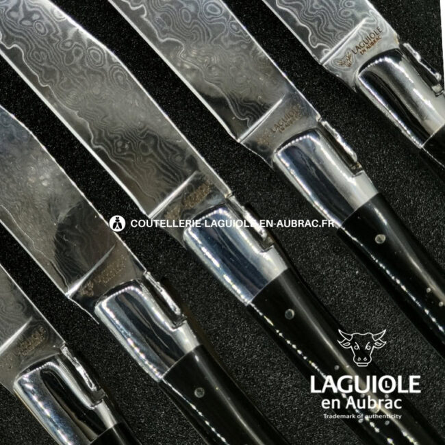 couteaux de table laguiole en aubrac en corne de buffle aux lames damas japonais (set de 6)