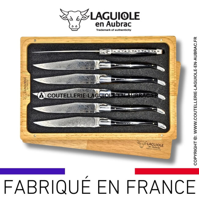 couteaux de table laguiole en aubrac en corne de buffle aux lames damas japonais (set de 6)