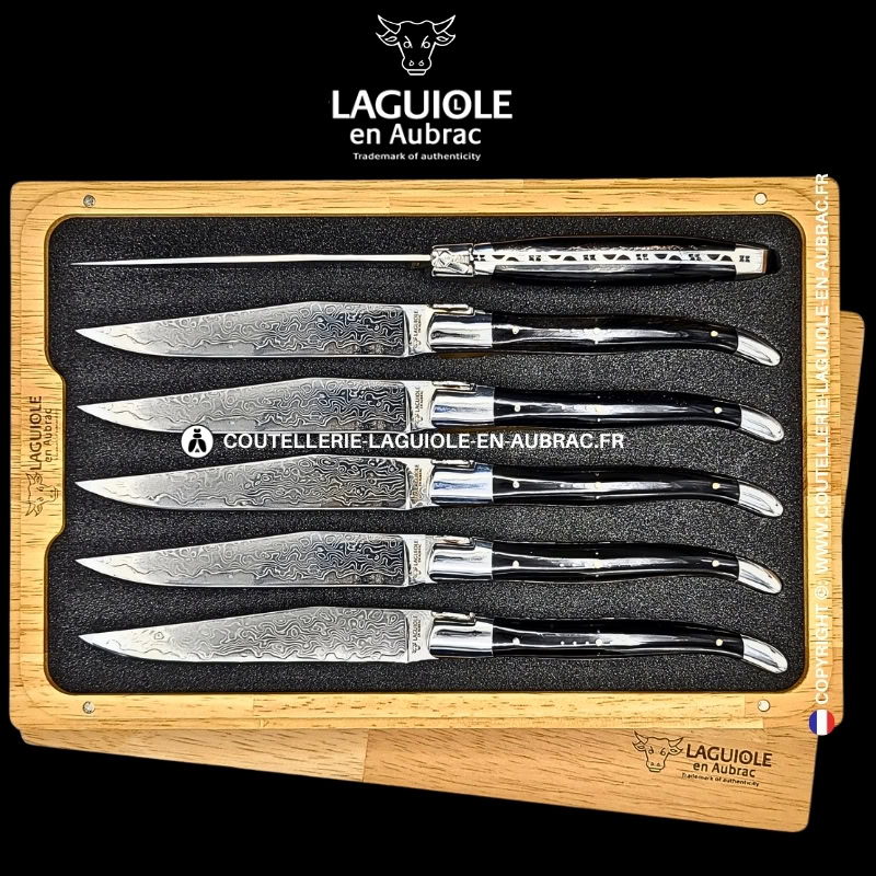 couteaux de table laguiole en aubrac en corne de buffle aux lames damas japonais (set de 6)