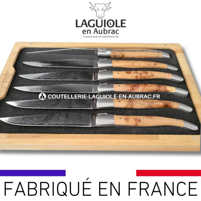 couteaux de table laguiole en aubrac en genévrier aux lames damas japonais (set de 6)