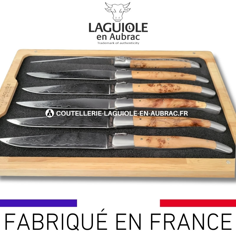 couteaux de table laguiole en aubrac en genévrier aux lames damas japonais (set de 6)