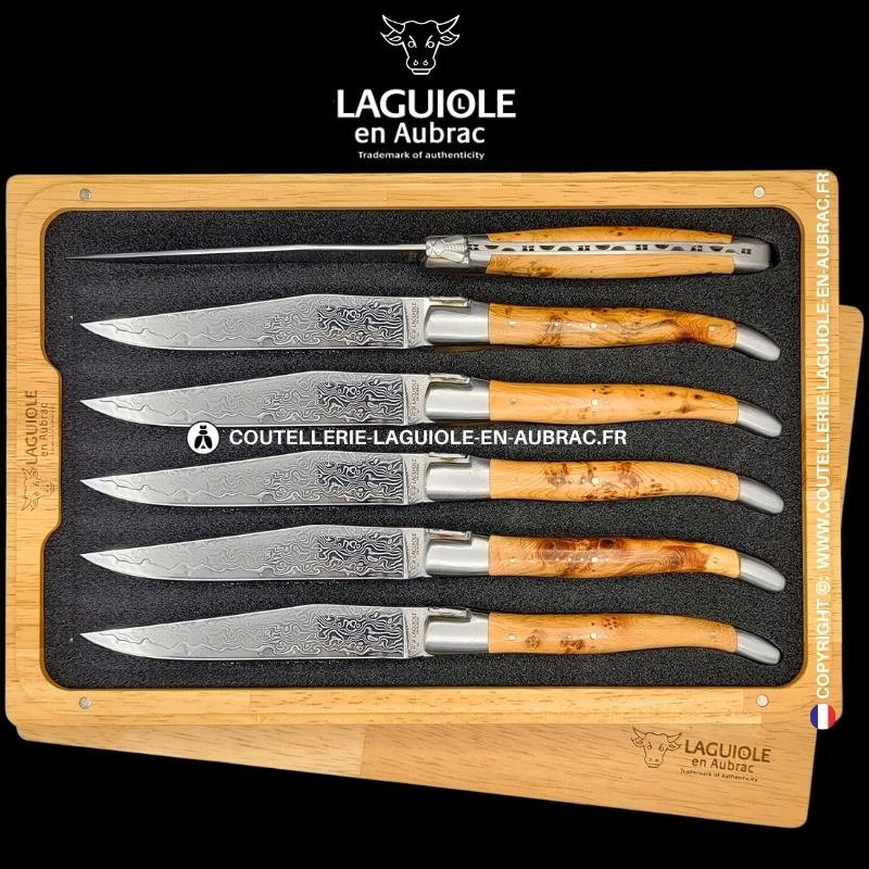 couteaux de table laguiole en aubrac en genévrier aux lames damas japonais (set de 6)