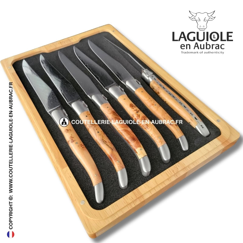 couteaux de table laguiole en aubrac en genévrier aux lames damas japonais (set de 6)