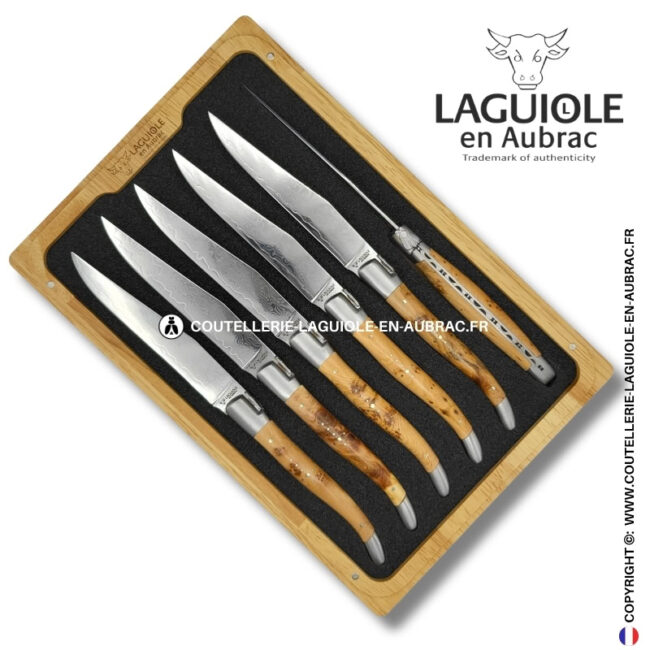 couteaux de table laguiole en aubrac en genévrier aux lames damas japonais (set de 6)