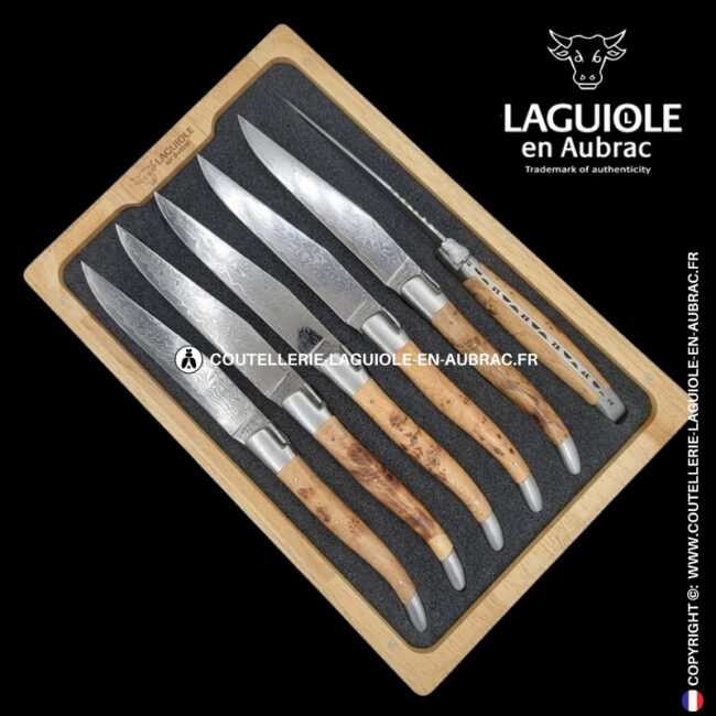 couteaux de table laguiole en aubrac en genévrier aux lames damas japonais (set de 6)