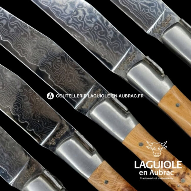 couteaux de table laguiole en aubrac en genévrier aux lames damas japonais (set de 6)