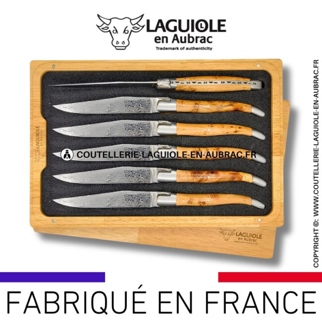 couteaux de table laguiole en aubrac en genévrier aux lames damas japonais (set de 6)