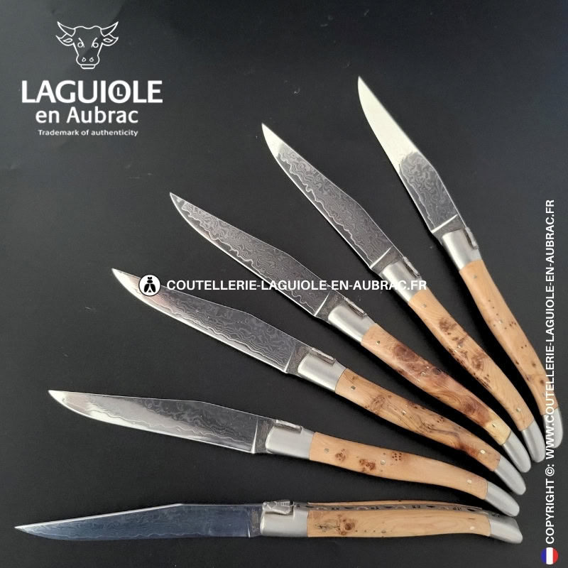 couteaux de table laguiole en aubrac en genévrier aux lames damas japonais (set de 6)
