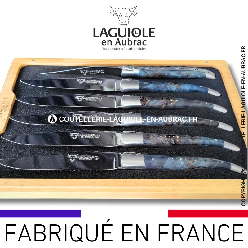 couteaux de table laguiole en aubrac en loupe de peuplier bleue (set de 6)