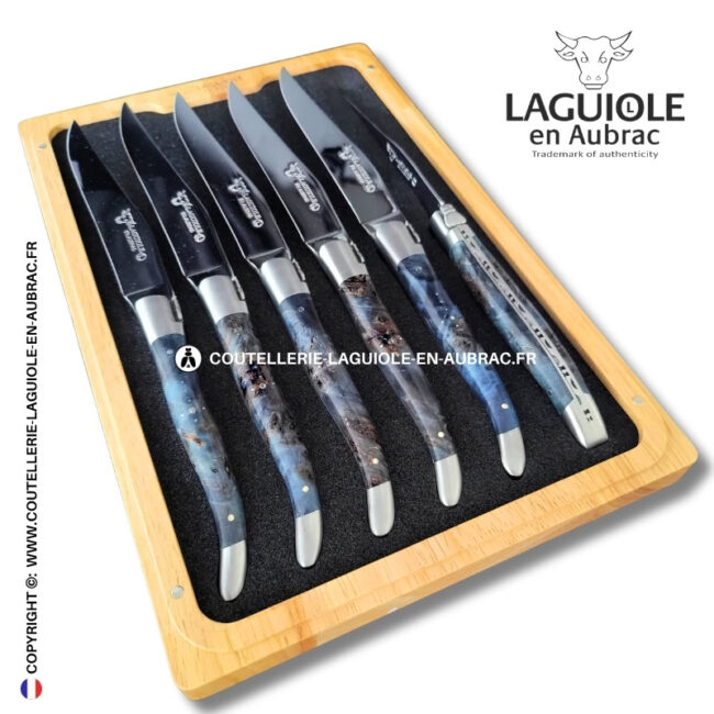 couteaux de table laguiole en aubrac en loupe de peuplier bleue (set de 6)