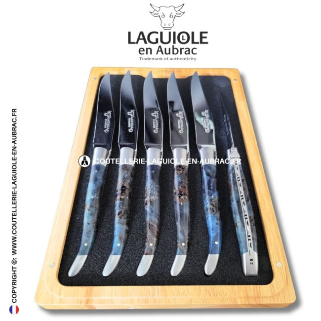 couteaux de table laguiole en aubrac en loupe de peuplier bleue (set de 6)