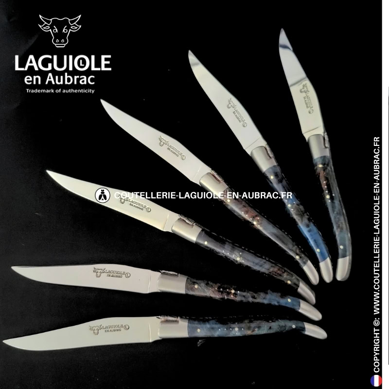 couteaux de table laguiole en aubrac en loupe de peuplier bleue (set de 6)