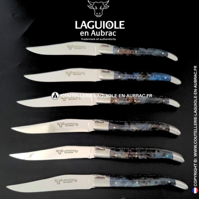 couteaux de table laguiole en aubrac en loupe de peuplier bleue (set de 6)