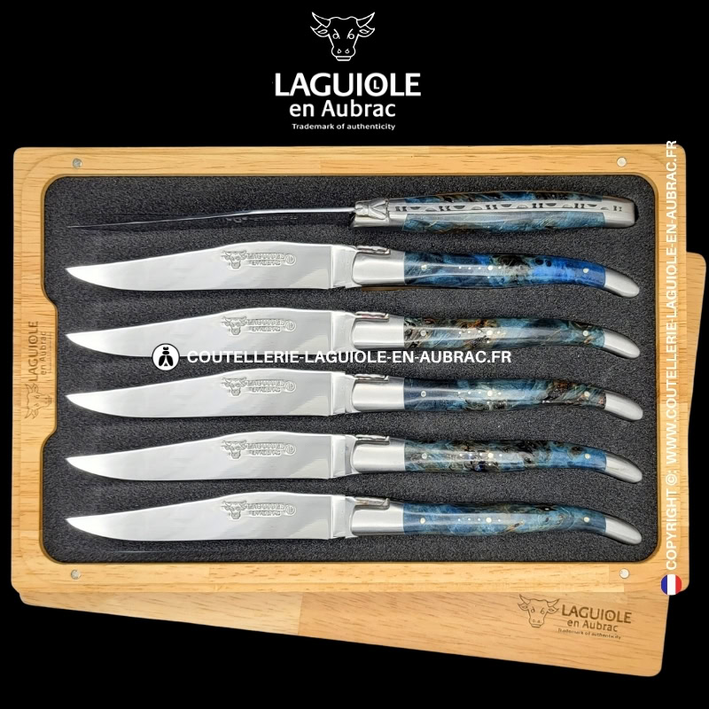 couteaux de table laguiole en aubrac en loupe de peuplier bleue (set de 6)
