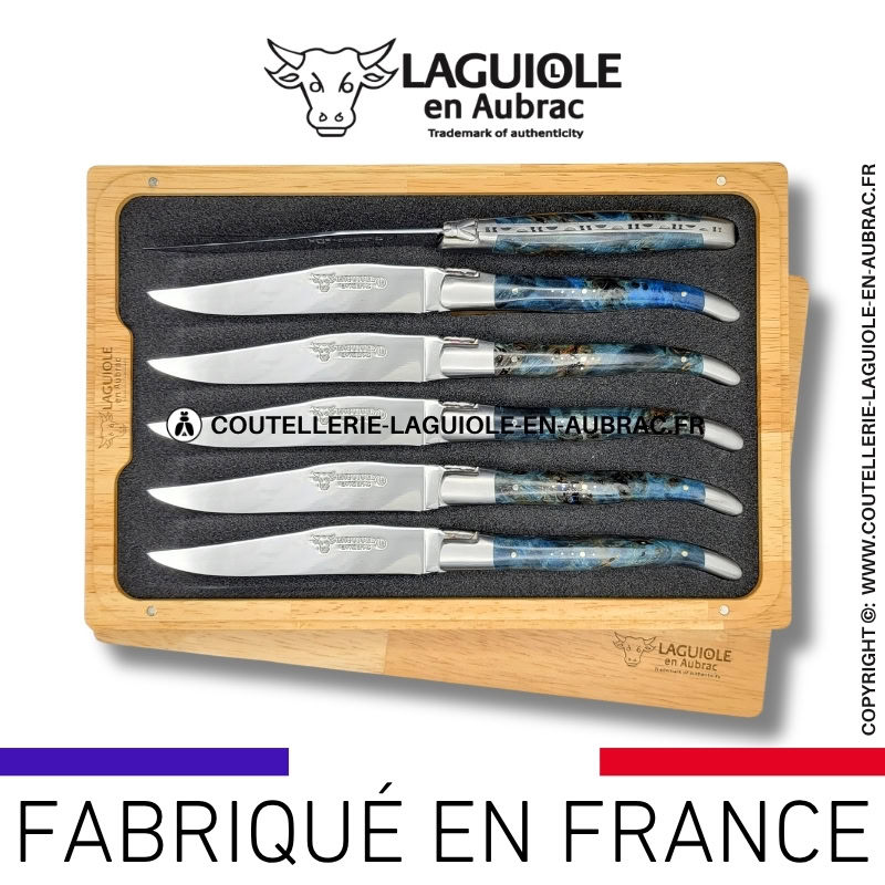 couteaux de table laguiole en aubrac en loupe de peuplier bleue (set de 6)