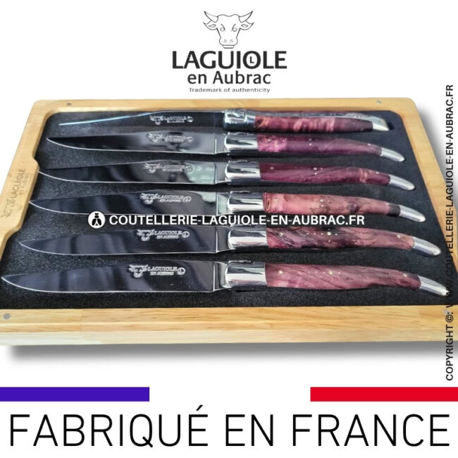 couteaux de table laguiole en aubrac en loupe de peuplier lie de vin (set de 6)