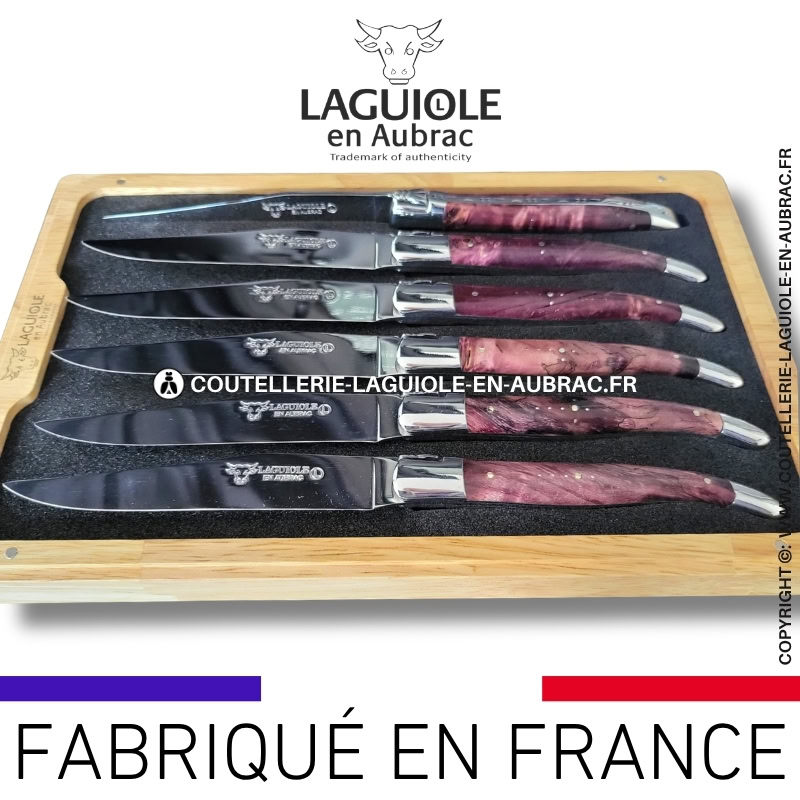 couteaux de table laguiole en aubrac en loupe de peuplier lie de vin (set de 6)